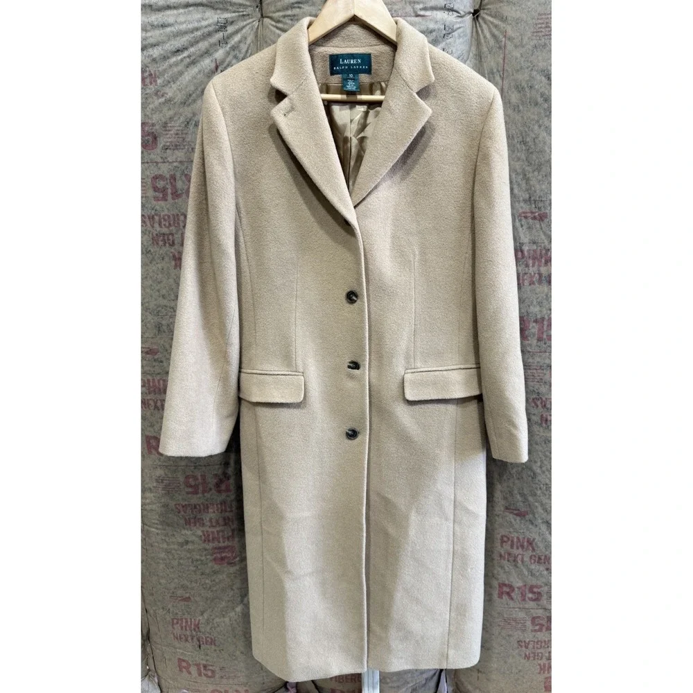 Lauren Ralph Lauren‎ Overcoat 100% Camel Hair Beige Size 10 Trench Coat Pea Coat